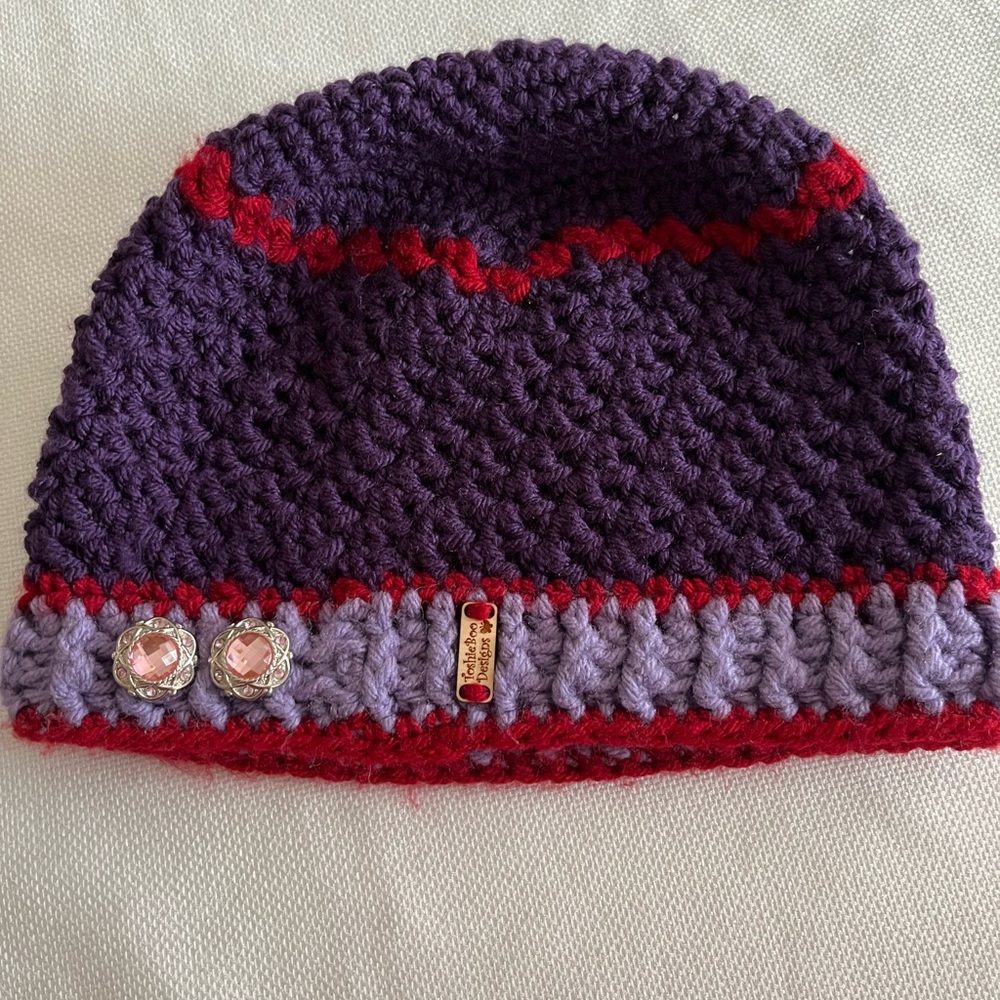 Purple and Red Crochet Beanie with Pink Accents